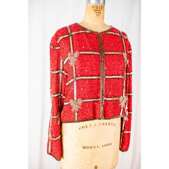 VTG 90s Laurence Kazar Beaded Christmas Blazer Red Silver Holiday Bow Jacket PXL - Picture 11 of 11